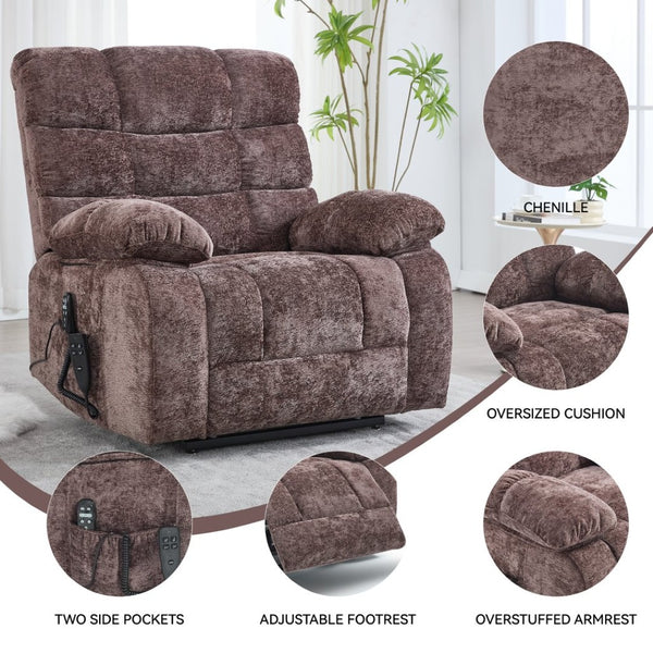 English Elm Lift Power Recliner Chenille Chair Dual Motor Massage Heat 350 Lb Capacity Living Room Brown W3224P288620