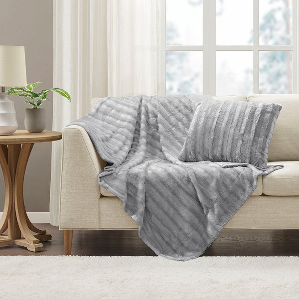 JLA Home Madison Park - Long Faux Fur Throw with Silky Micro-Fur Reverse, OEKO-TEX Certified, Lightweight Cozy 50x60 Inches Grey MP50-1593