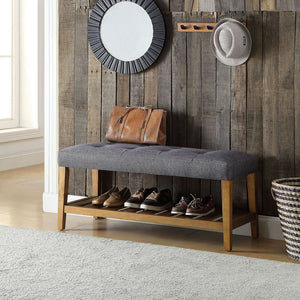 English Elm Grey Tufted Padded Seat Bench with Oak Frame, Slatted Storage Shelf, Gray Fabric, Modern Comfort B062P189180