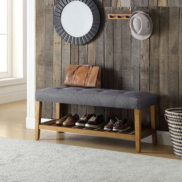 English Elm Grey Tufted Padded Seat Bench with Oak Frame, Slatted Storage Shelf, Gray Fabric, Modern Comfort B062P189180