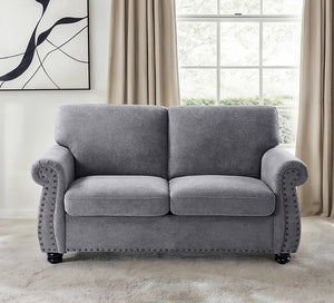 English Elm Soft Velvet Upholstered Loveseat with Turned Wood Legs Nailhead Trim Mid-century Style Grey B2735P292311