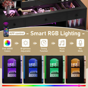 English Elm 43.2" Bedroom Dressing Table with Rgb Lit Glass Cabinets Led Mirror and Charging Station Black N704P407114B