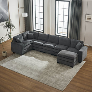 English Elm Modern U Shaped 6-Seat Sectional Sofa with Ottoman and 3 Toss Pillows, Corduroy Modular Comfort and Durable Frame Grey W2363S00041