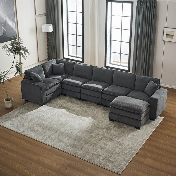 English Elm Modern U Shaped 6-Seat Sectional Sofa with Ottoman and 3 Toss Pillows, Corduroy Modular Comfort and Durable Frame Grey W2363S00041