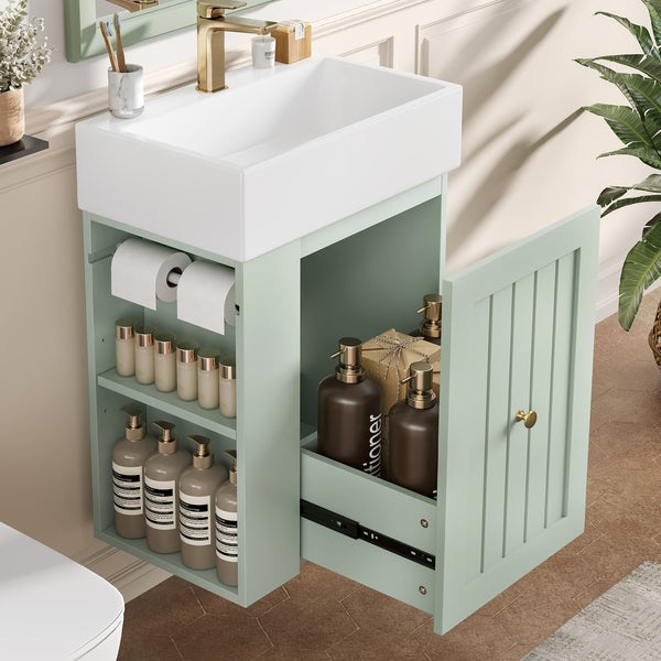 English Elm 20-Inch Compact Bathroom Vanity with Ceramic Sink, Wall-Mounted MDF Cabinet, Modern Space-Saver Design Green N725P314023F