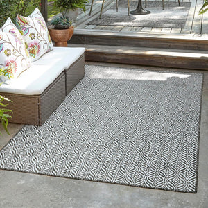 Unique Loom Outdoor Trellis Deco Trellis Machine Made Trellis Rug Charcoal, Gray/Ivory 9' 0" x 12' 0"