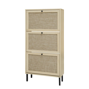 English Elm Rattan 3 Door Shoe Rack with Metal Base and Anti-Slip Feet, Double Shelf Storage for Entryway Natural W688P211253