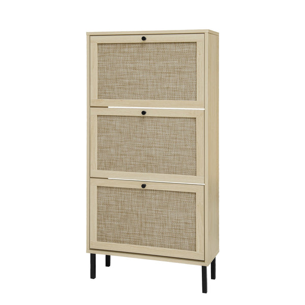English Elm Rattan 3 Door Shoe Rack with Metal Base and Anti-Slip Feet, Double Shelf Storage for Entryway Natural W688P211253