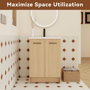 English Elm 24" Floating Oak Plywood Bathroom Vanity Set with Glossy Resin Sink Scandinavian Style W3450S00090