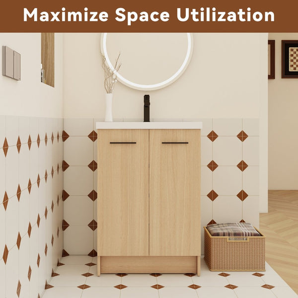 English Elm 24" Floating Oak Plywood Bathroom Vanity Set with Glossy Resin Sink Scandinavian Style W3450S00090