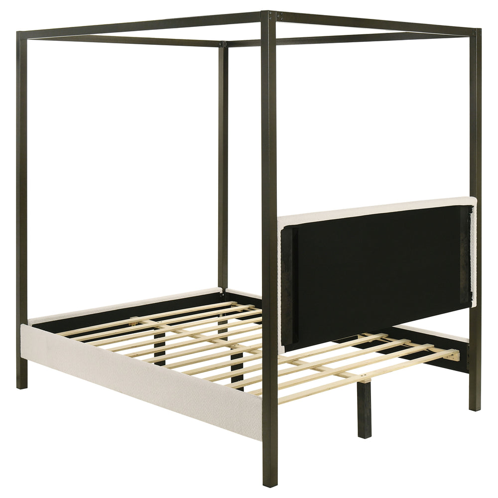 English Elm Mellie Queen Canopy Bed in Vanilla Upholstery with Bronze Four-Post Frame, Padded Headboard & Slats B062S00618