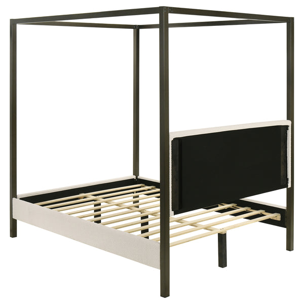 English Elm Mellie Queen Canopy Bed in Vanilla Upholstery with Bronze Four-Post Frame, Padded Headboard & Slats B062S00618
