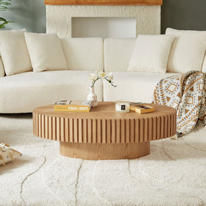 English Elm Modern Ellipse Drum Coffee Table 46.5" x 27.6" Oval Low-Profile Accent Table with Sturdy Pedestal Base, Durable MDF Wood Design Natural Ash W2582P188739