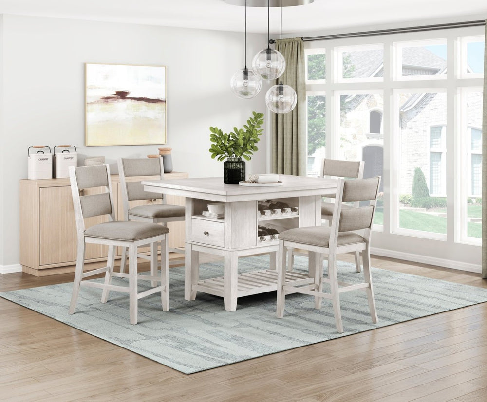 English Elm 5pc Farmhouse Counter Height Dining Set Acacia Antique White Storage Table Four Chairs B011S02065