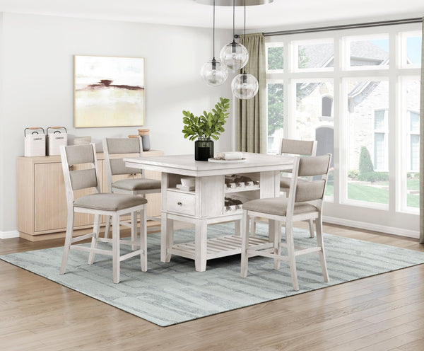 English Elm 5pc Farmhouse Counter Height Dining Set Acacia Antique White Storage Table Four Chairs B011S02065