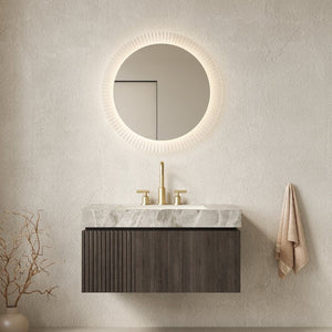 English Elm Muri Floating Bathroom Vanity Plywood Cabinet Sintered Stone Top Espresso Woodgrain W2615S00598