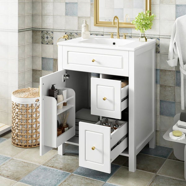 English Elm 24-Inch Bathroom Vanity with Ceramic Sink, Soft-Close Door & Drawers, Gold Handles, Durable Wood Elegance White N729P192078K