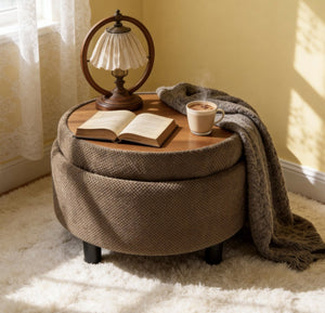 English Elm 25 Inch Round Fabric Pouf Ottoman with Removable Wooden Lid and Hidden Interior Storage Coffee W5568P461367