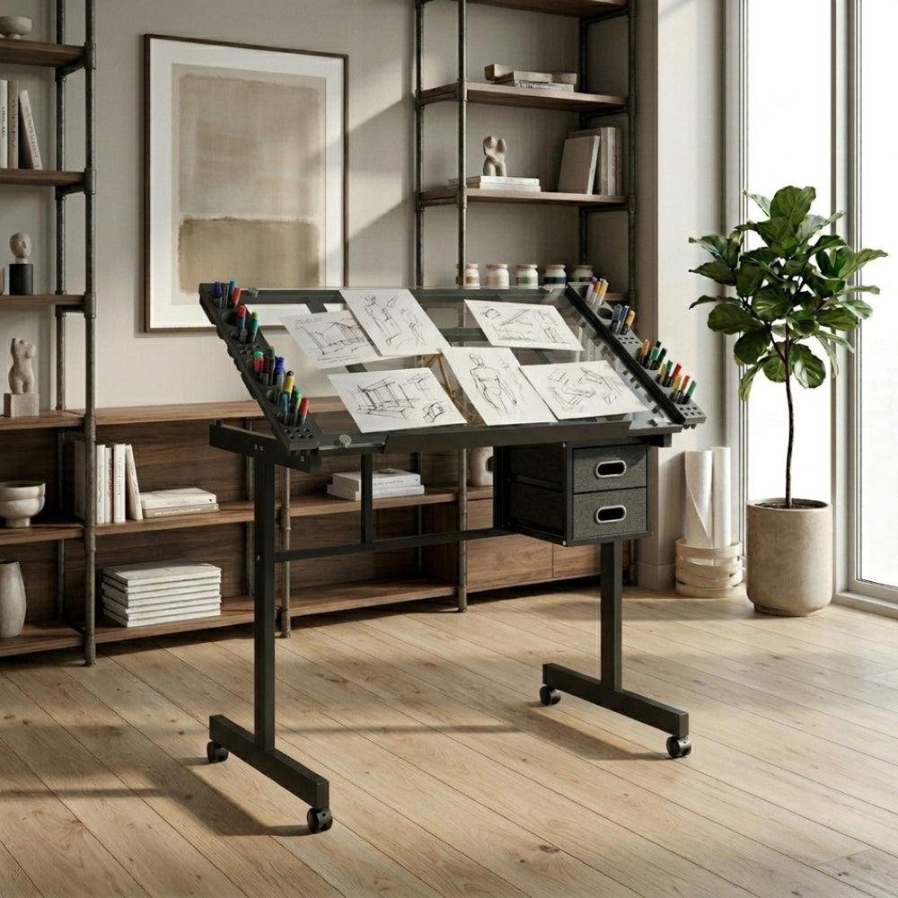 English Elm Adjustable Glass Top Drafting Table with Tilting Surface Fabric Storage and Locking Wheels Black W347P449398