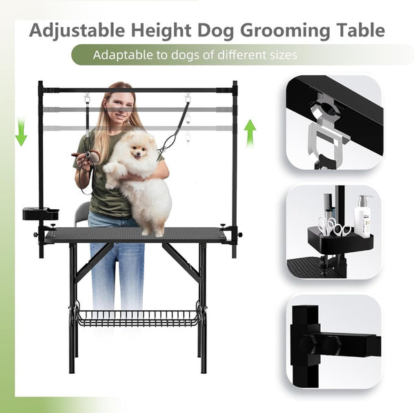 English Elm 36''large Folding Dog Grooming Table with Arm Noose Mesh Tray for Home Pet Care W3587P358726
