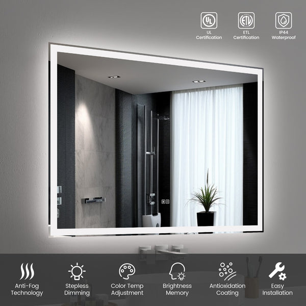English Elm 48"x36" Modern LED Smart Mirror Bathroom Wall Mirror – Front & Back Glow, 3-Color Touch, Anti-Fog, Memory Mode T3177P284026