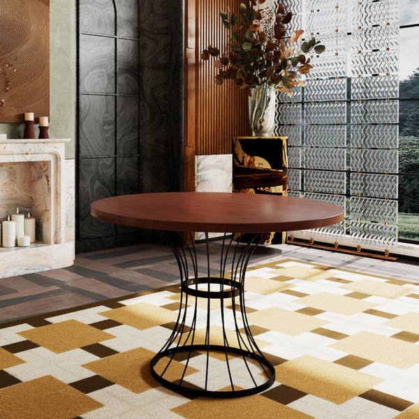 English Elm Oak 42" Round Dining Table with Oak Veneer Top, Matte Black Iron Pedestal, Rustic-Modern Compact Charm N842P319125D