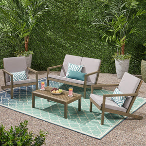 English Elm Christopher Knight Home® - LEAH 4PC Chat Set Beige Acacia Wood Outdoor Patio Sofa Chairs Loveseat Coffee Table, Water-Resistant Cushions 65909.00GRY
