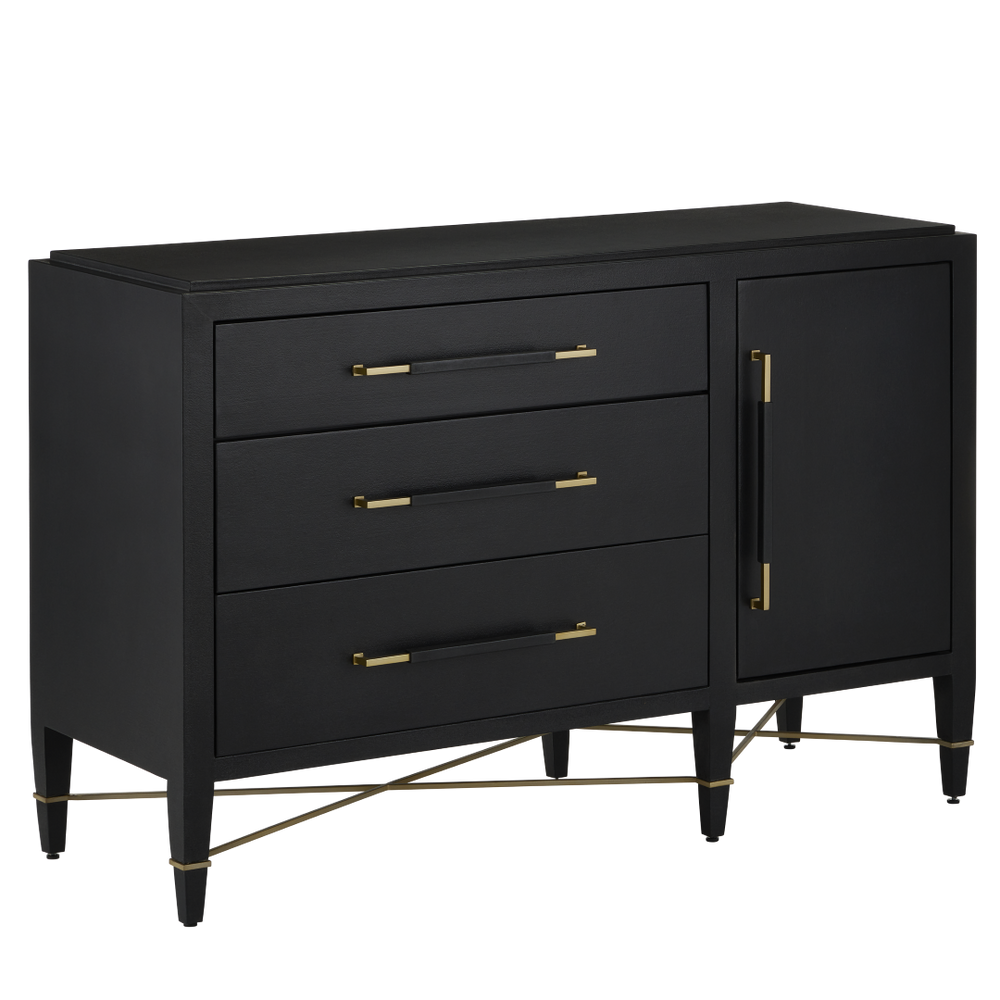 Verona Black Three-Drawer Chest - Elegant Lacquered Linen Design with Champagne Metal Accents
