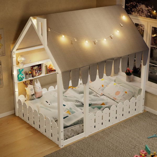 English Elm {slats Are Not Included} Twin Montessori House Floor Bed Kids Tent Lights Shelves Pinewood Frame White N708P407963K