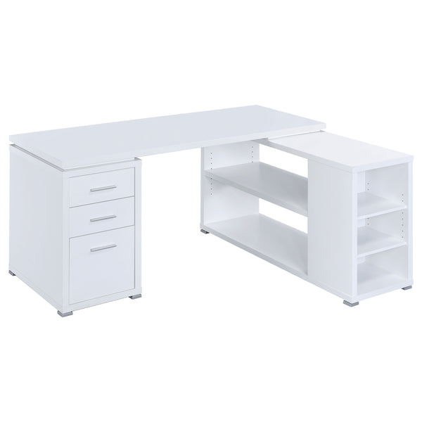 English Elm 1pc L-Shape Desk 60" Home Office Workstation with Three Drawers, Built-In File Cabinet, Shelves White 64.76 L x 26.97 W x 10.43 H B011P361977