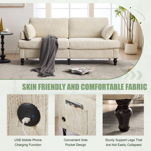 English Elm Modern chenille 2-seater sofa with LED lighting, USB charging, storage pocket, sturdy wood legs Beige W395P318540