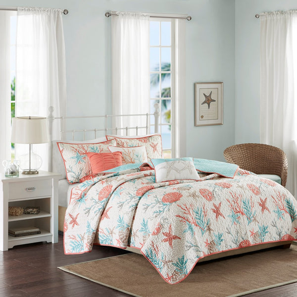 English Elm 6 Pebble Beach Cotton Sateen Quilt Set Full/Queen with Embroidered Coastal Pillows, OEKO‑TEX Certified Coral 22.83 L x 18.11 W x 12.2 H B03597452
