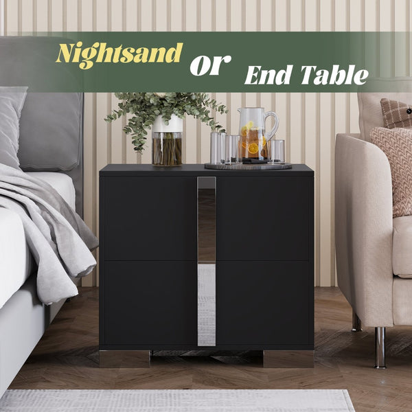 English Elm Modern Two Drawer Nightstand with Slim Metal Legs and Mirrored Bar Handles for Bedroom Black W5271P416540
