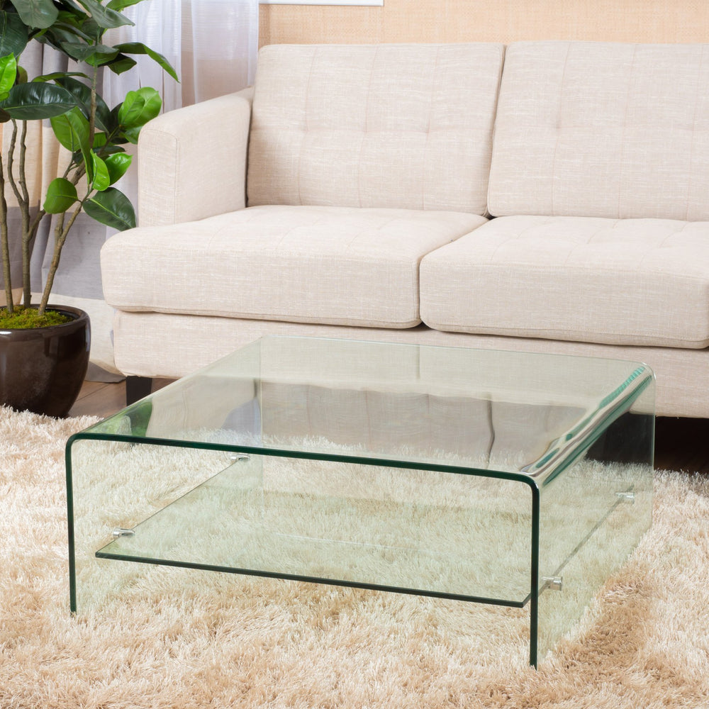 English Elm Christopher Knight Home® - COFFEE Atticus Tempered Glass Coffee Table Clear 34.5" Square Modern Shelf Design 17.5"H 57613.00