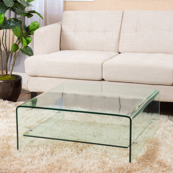 English Elm Christopher Knight Home® - COFFEE Atticus Tempered Glass Coffee Table Clear 34.5" Square Modern Shelf Design 17.5"H 57613.00