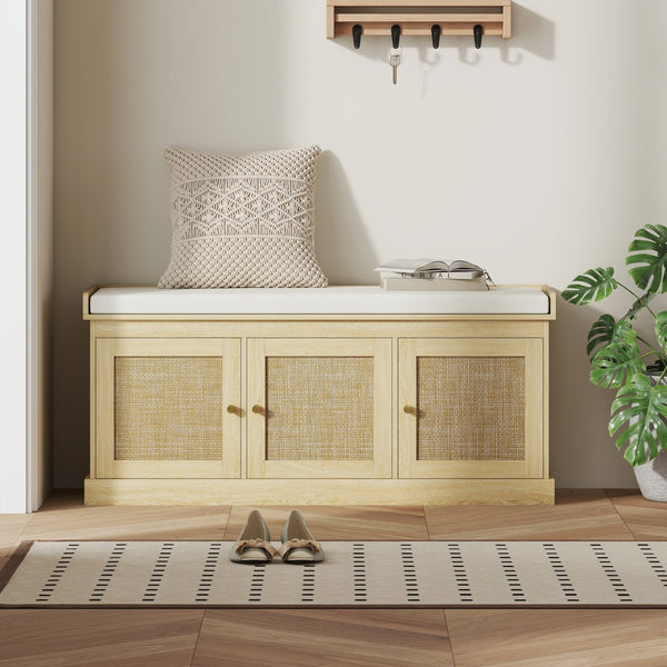 English Elm Homcom Entryway Storage Bench Padded Linen Seat Dual Cabinets White Mdf Hallway W2225P485637