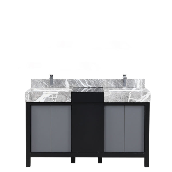 English Elm Black Double Bath Vanity 55" With Castle Grey Marble Top, Chrome Faucet & Smart Storage Solutions B2731P261100