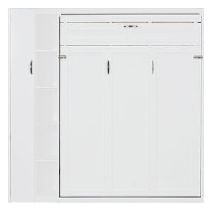 English Elm Full Size Murphy Bed with Open Shelving Wardrobe and Led Lighting for Studio Spaces White LP000898AAK-1