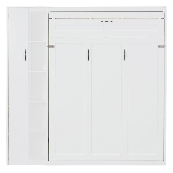 English Elm Full Size Murphy Bed with Open Shelving Wardrobe and Led Lighting for Studio Spaces White LP000898AAK-1