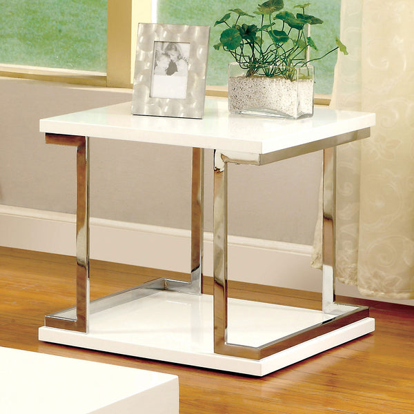 English Elm Contemporary White End Table with Chrome Frame accents, High-Gloss Lacquer Shelf, 23.6" Square, Modern Appeal B011S01029