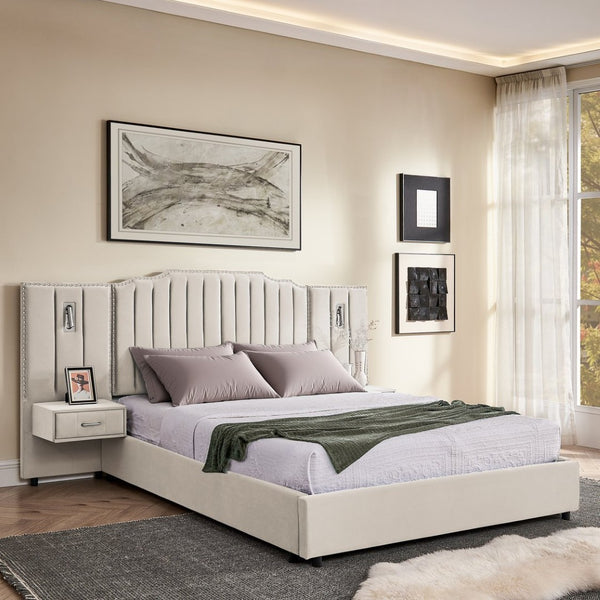 English Elm Queen Velvet Platform Bed with Tufted Headboard Integrated Nightstands and Striped Design Beige W487S00440