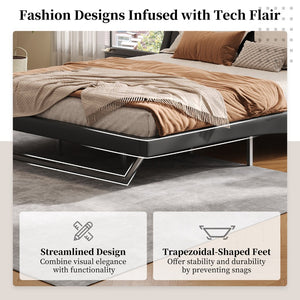 English Elm Queen Pu Leather Platform Bed Sculptural Wave Base Floating Silhouette Modern Bedroom Black N761S0000031B