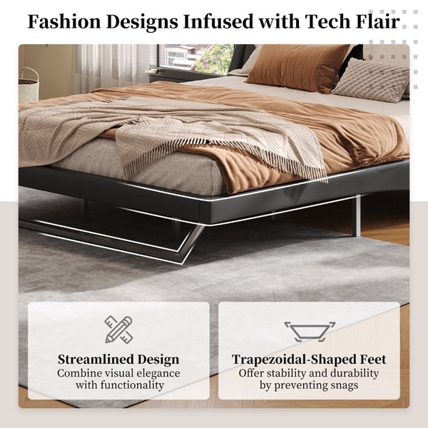 English Elm Queen Pu Leather Platform Bed Sculptural Wave Base Floating Silhouette Modern Bedroom Black N761S0000031B