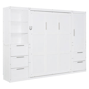 English Elm Queen Murphy Wall Bed with Wardrobe Drawers and Shelves for Studio or Guest Room White LP000865AAK-1