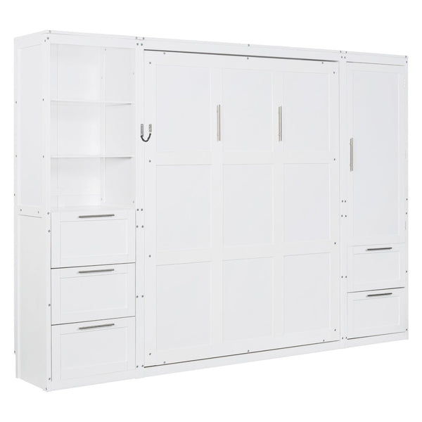 English Elm Queen Murphy Wall Bed with Wardrobe Drawers and Shelves for Studio or Guest Room White LP000865AAK-1