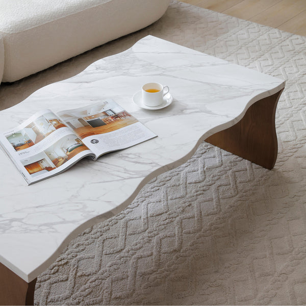 English Elm 47.24" Whisper Of Waves Modern Coffee Table – Elegant White Faux Marble & Walnut Base For Any Space W2664P346445