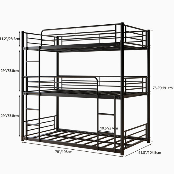 English Elm Triple Triple Twin Bunk Beds Metal Frame Triple-Deck Twin Over Twin Over Twin with 2 Ladders, Full Rail Safety, Space-Saving Design W840P209935