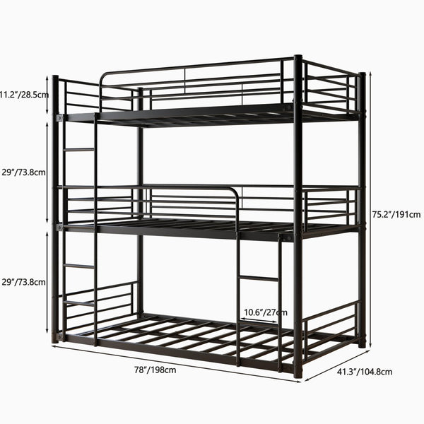 English Elm Triple Twin Metal Bunk Bed with Dual Ladders and Guardrails for Shared Rooms W840S00004