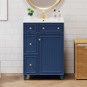 English Elm 24-Inch Bathroom Vanity Cabinet with Ceramic Sink, Space-Saving Storage, Solid Wood Feet, Durable Finish Blue WF532034AAC