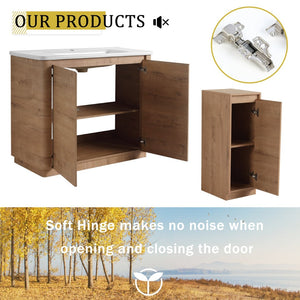 English Elm 92'' Freestanding Double Sink Bathroom Vanity Oak Melamine Soft Close Storage Set W999S00517